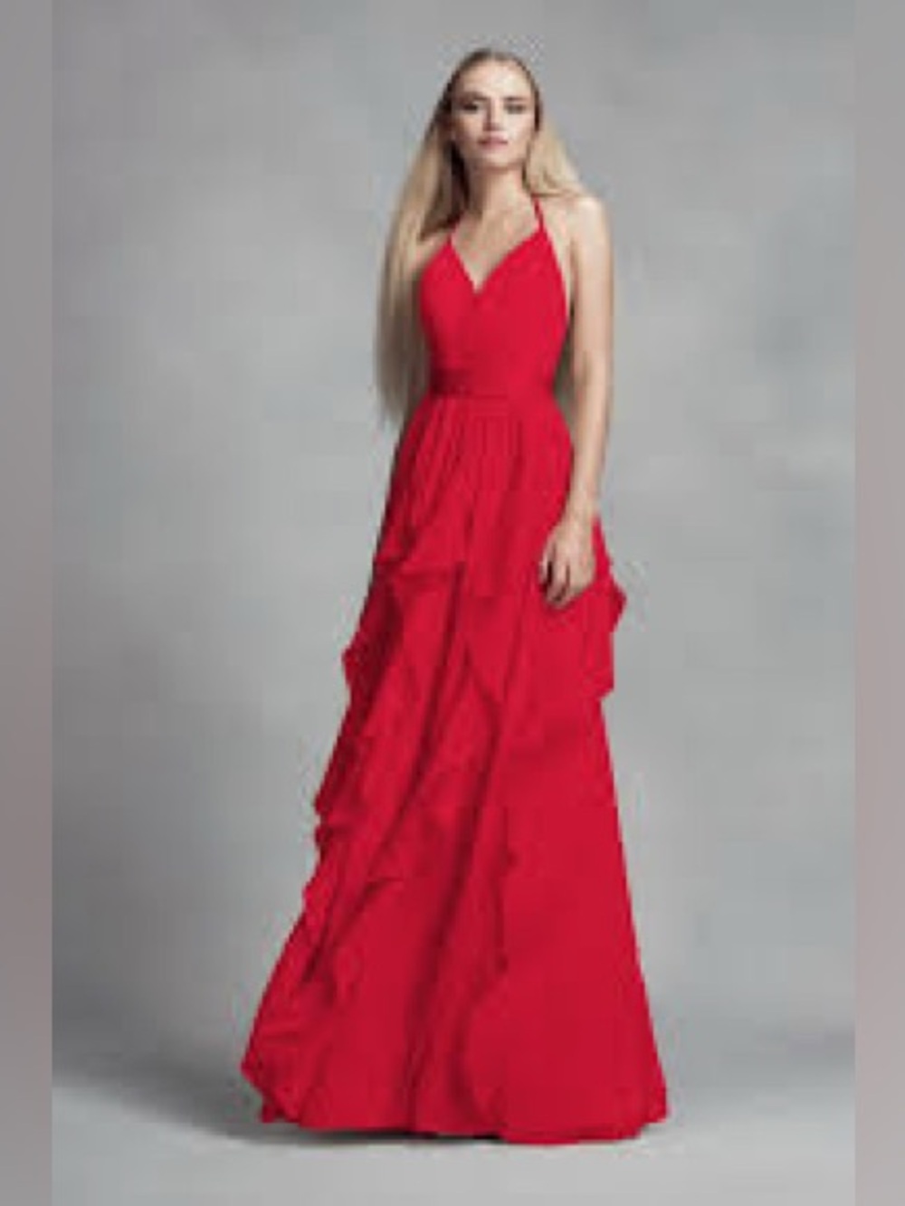 White by Vera Wang Cascading Ruffle Red Gown Maxi Dress Sz 24 Vneck Bridesmaid